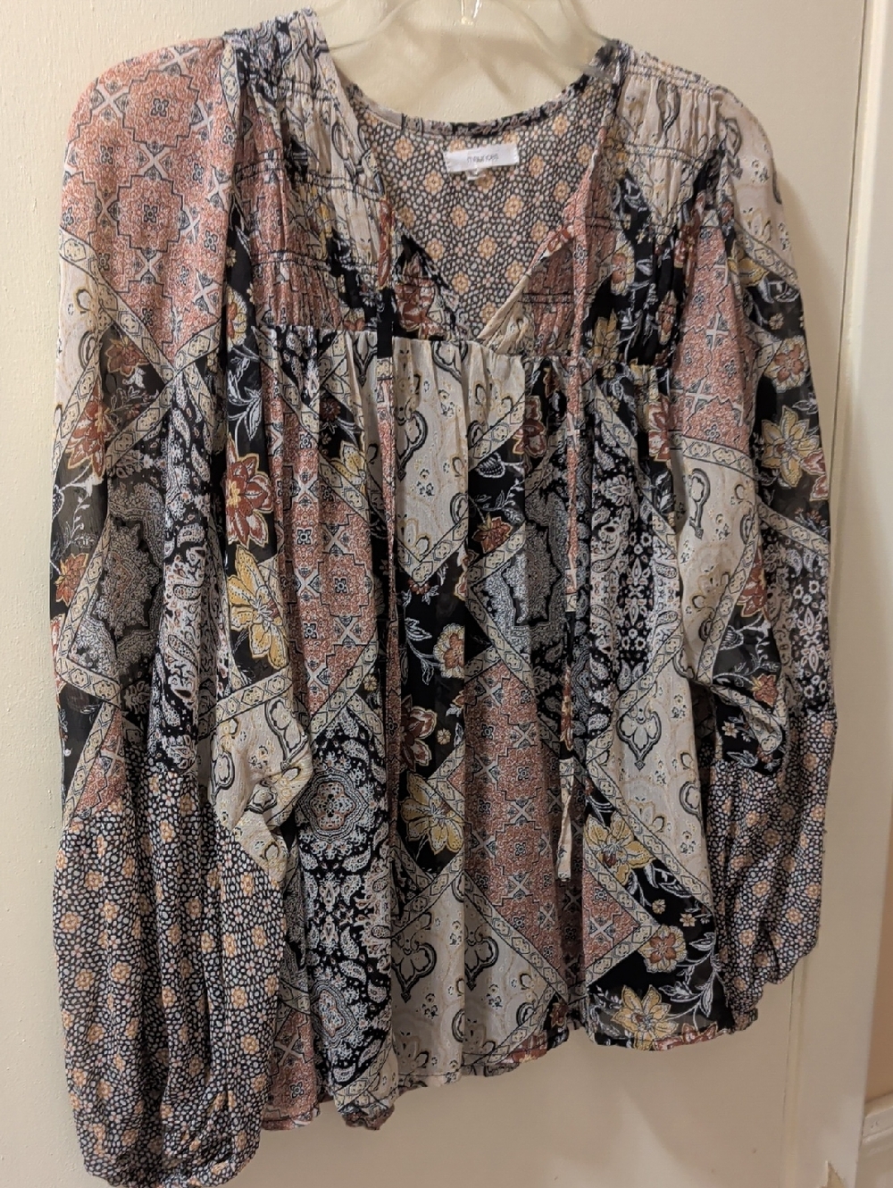Maurices Printed Boho Blouse in Black, Cream & Rust
